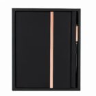 Black notebook with a rose gold stripe and matching pen in a black gift box.