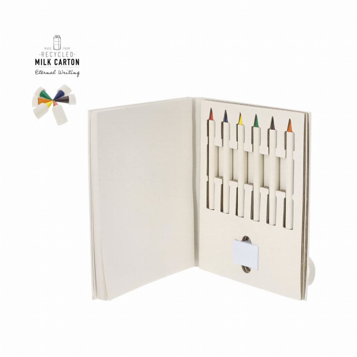 Open notebook with colored pencils and sticky notes inside, made from recycled milk cartons.