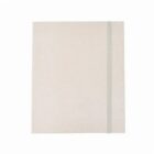 A plain beige notebook with an elastic band on the right side, against a white background.