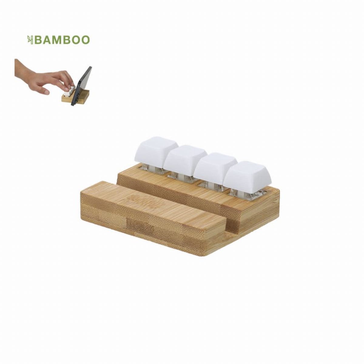 Bamboo switch tester with four white mechanical keys; a hand presses one switch above.