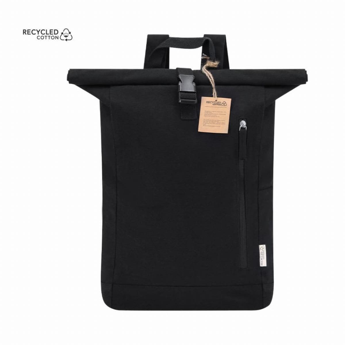 Black roll-top backpack made of recycled cotton with a side zipper pocket and a tag attached.