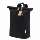 Black roll-top backpack with a front zipper pocket and a brown tag attached to the handle.