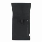 A black roll-top backpack with a front zipper pocket and a buckle strap.
