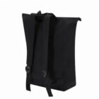 Black backpack with adjustable shoulder straps, shown from the back and slightly to the side.