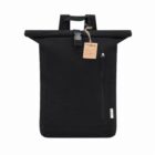 Black roll-top backpack with a front zipper pocket and a brown tag hanging from the top.