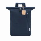 Dark blue roll-top backpack with a front zipper pocket and a brown tag attached to the top.