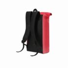 A black and red roll-top backpack with black shoulder straps on a white background.