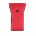 Bright red, cylindrical backpack with front buckle and vertical zipper pocket, on white background.