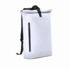 White roll-top backpack with black zipper pocket and black straps, standing upright.