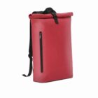 Red roll-top backpack with a front zipper pocket and black adjustable shoulder straps.