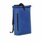Blue roll-top backpack with a front zipper pocket and black straps, set against a white background.