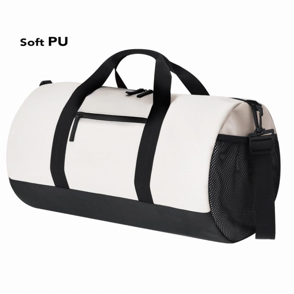White and black duffel bag with handles, shoulder strap, and mesh side pocket.