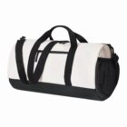 A white and black duffel bag with handles, a zipper, and a mesh side pocket.