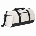 A white and black duffel bag with handles and a shoulder strap.