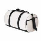 White and black duffel bag with handles and a shoulder strap on a white background.