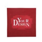 A red square mat with the words “Your Design” printed in white in the center.
