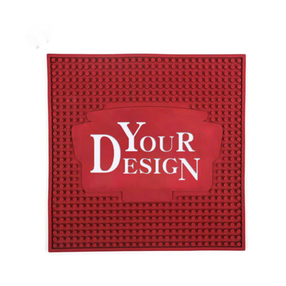 A red square mat with the words “Your Design” printed in white in the center.