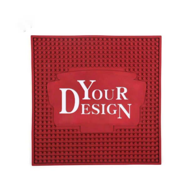 Red square mat with Your Design text in white at the center.