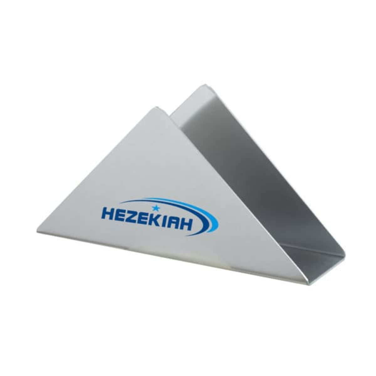 Silver triangular napkin holder with HEZEKIAH logo and a blue swoosh and star design.