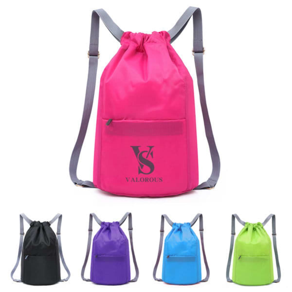 Five drawstring backpacks in black, purple, blue, green, and pink with VALOROUS logo.