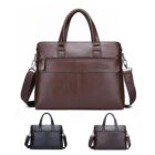 Three leather briefcases in brown, black, and dark brown colors, shown on a white background.