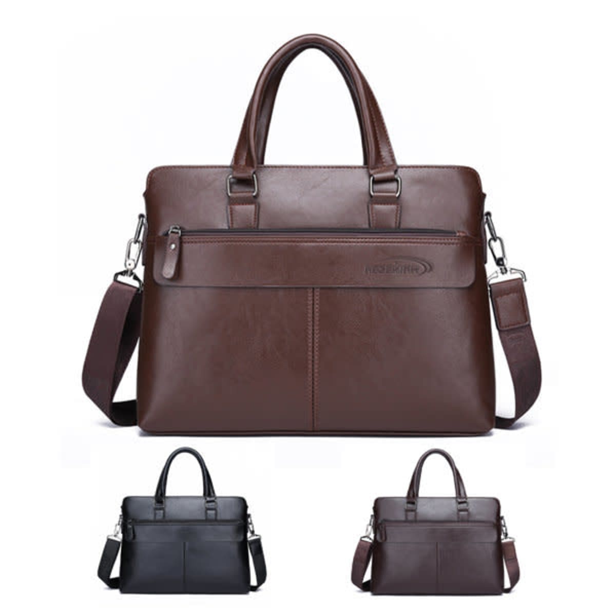 Three leather briefcases in brown, black, and dark brown colors, shown on a white background.