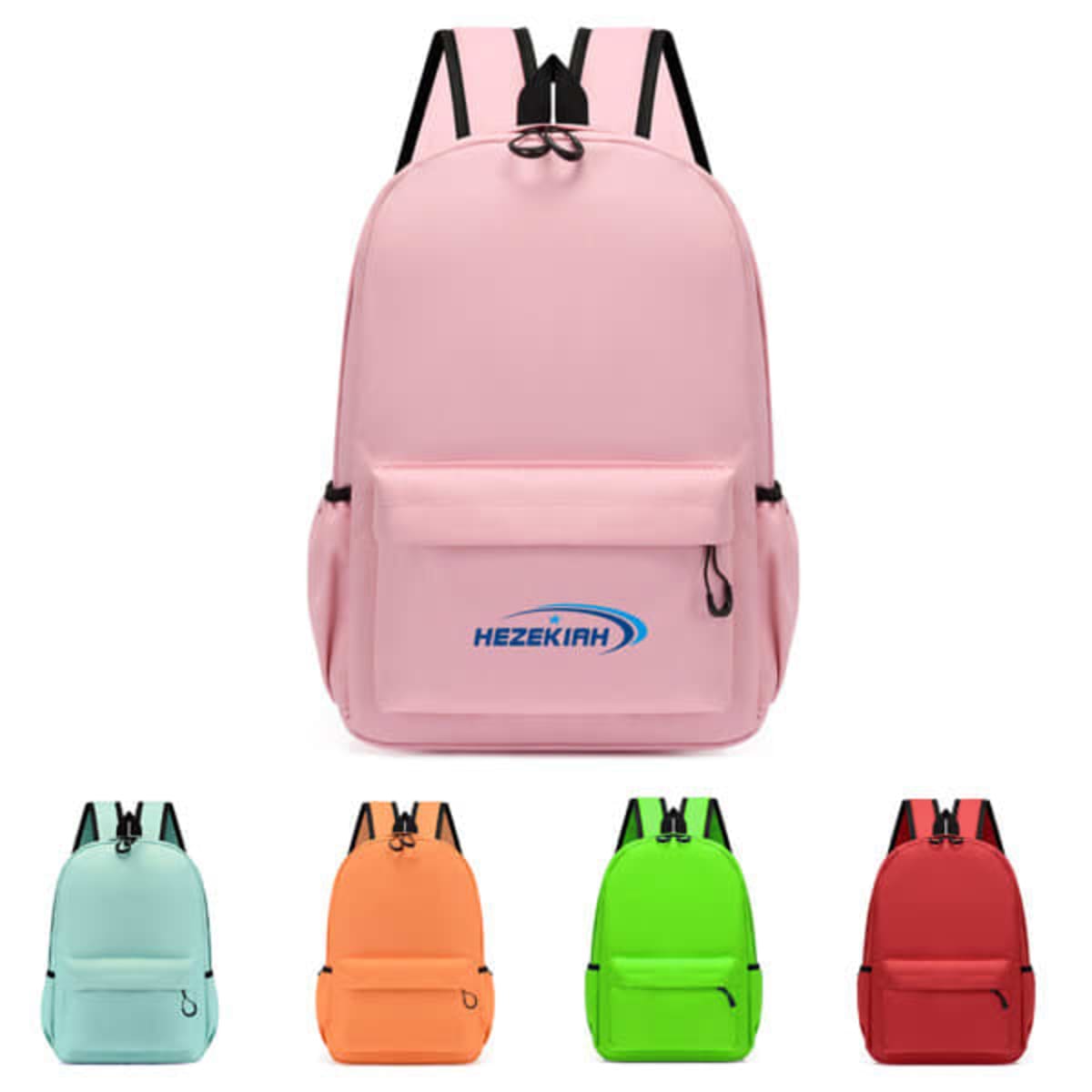 Five backpacks in pastel pink, light blue, orange, green, and red, with front pockets.