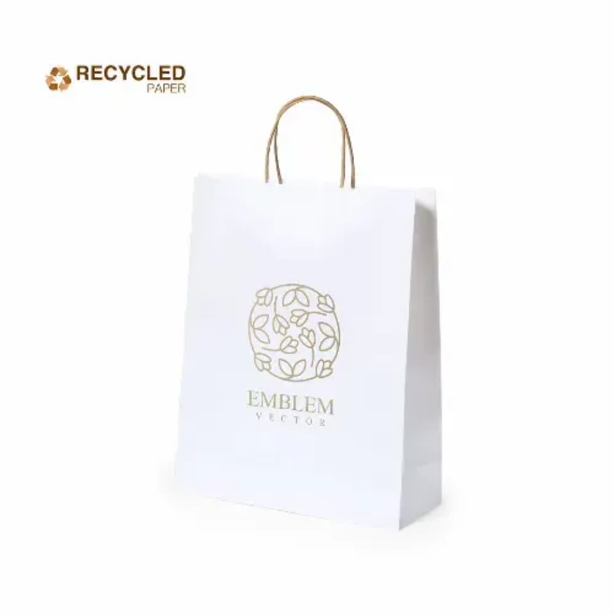 White recycled paper bag with gold emblem and handle, on a plain white background.