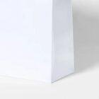 Close-up of a plain white paper bag standing on a light-colored surface.