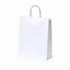 A plain white paper shopping bag with brown handles on a white background.