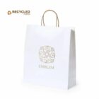 White paper shopping bag with EMBLEM logo and rope handles; Recycled Paper text above.