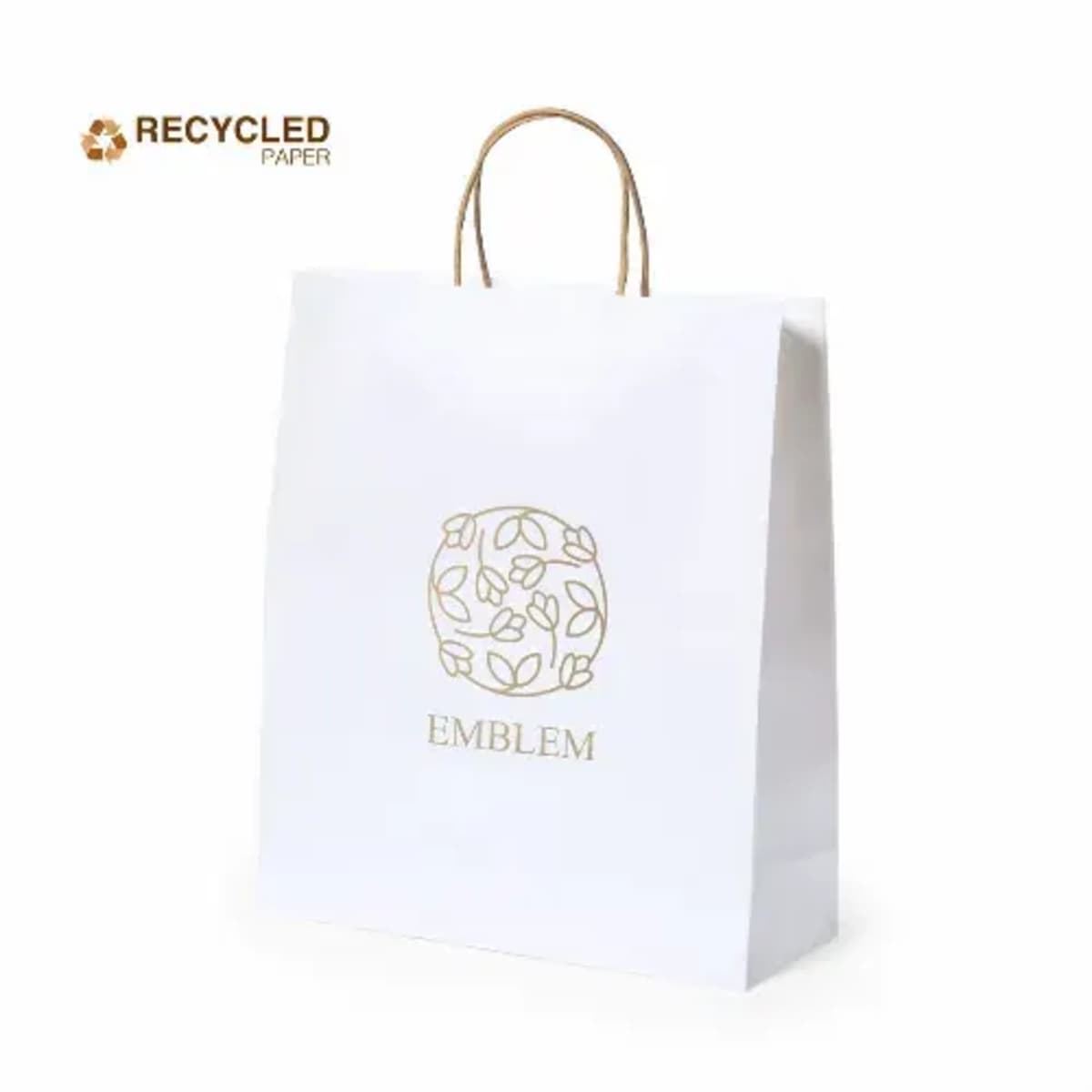 White paper shopping bag with EMBLEM logo and rope handles; Recycled Paper text above.