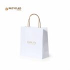 White paper shopping bag with brown handles and Emblem text, labeled Recycled Paper.