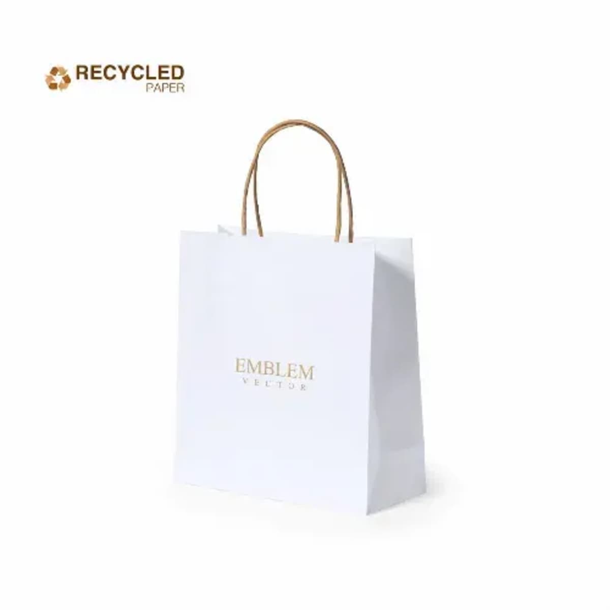 White paper shopping bag with brown handles and Emblem text, labeled Recycled Paper.