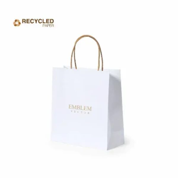White paper shopping bag with brown handles and RECYCLED PAPER text in the corner.