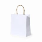 White paper shopping bag with brown handles on a plain white background.