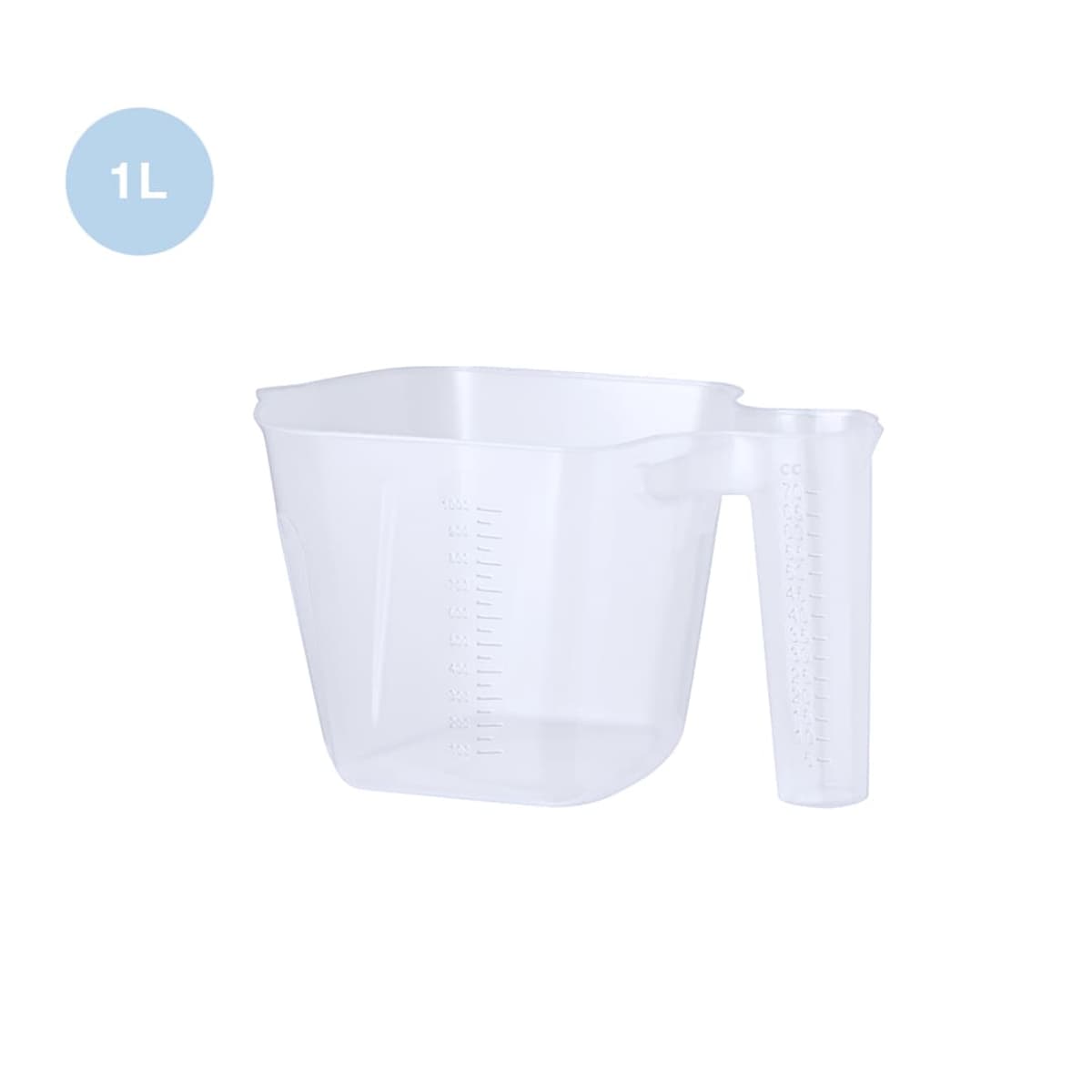 Transparent plastic measuring jug with handle, labeled 1L in a blue circle.