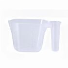 Clear plastic measuring jug with marked measurements and a handle on the right side.