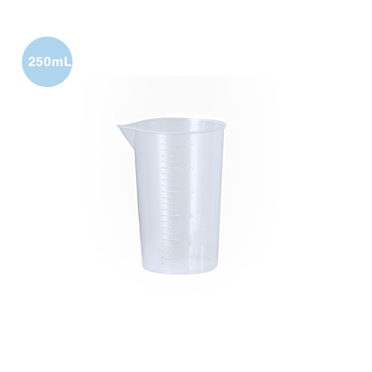 Clear plastic measuring cup with a 250 mL label and measurement markings.