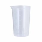 Clear plastic measuring cup with measurement markings on a white background.
