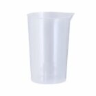 Clear plastic measuring cup with a spout, viewed on a white background.