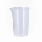 Clear plastic measuring cup with volume markings, isolated on a white background.