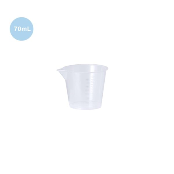 Clear plastic measuring cup with a spout, labeled 70mL on a white background.