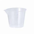 Clear plastic measuring cup with a spout and measurement markings on the side.