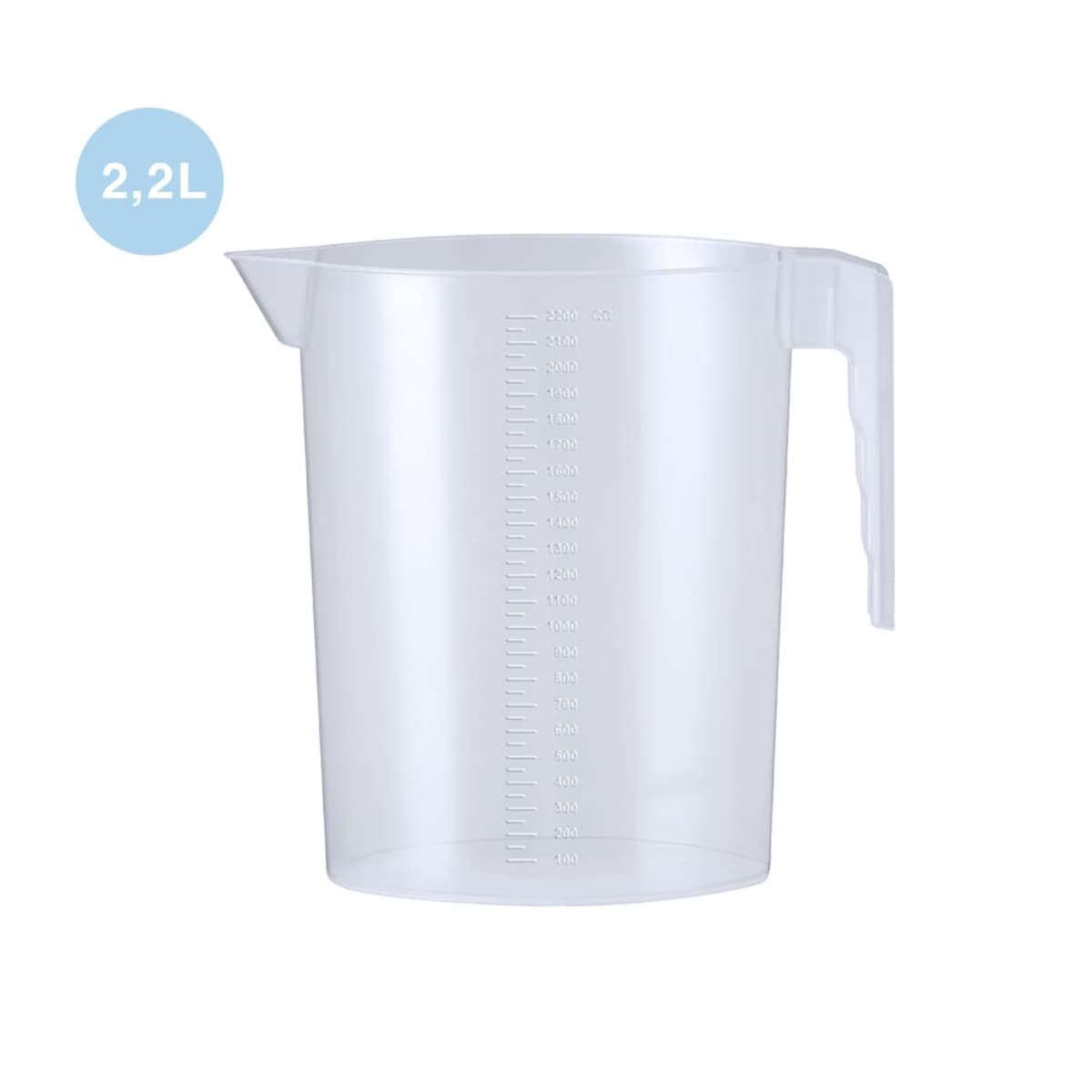 Clear plastic measuring jug with handle and spout, marked with 2.2L capacity.
