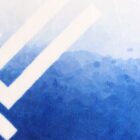 White geometric lines on a blue gradient, textured watercolor background.