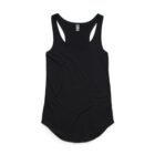 Black sleeveless racerback tank top laid flat on a white background.