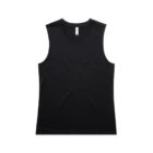 Sleeveless black tank top laid flat on a white background.