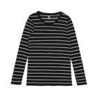 Black long-sleeve shirt with white horizontal stripes, laid flat on a white background.