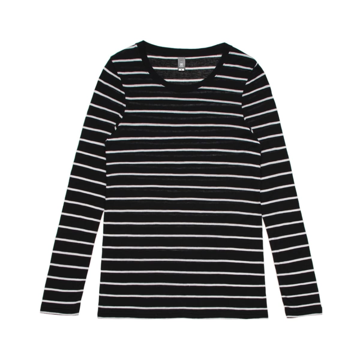 Black long-sleeve shirt with white horizontal stripes, laid flat on a white background.